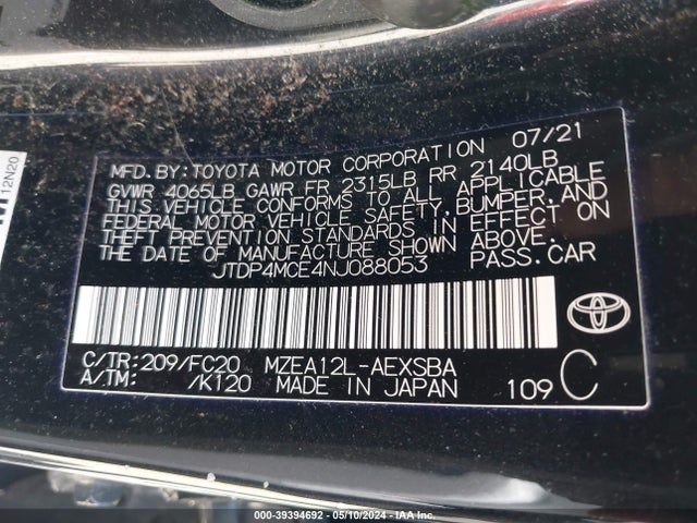 JTDP4MCE4NJ088053 Toyota COROLLA SE