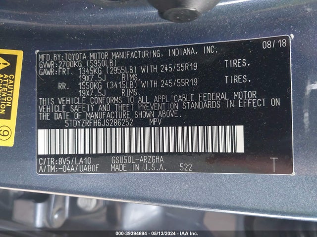 Toyota Highlander Limited Platinum 2018 5TDYZRFH6JS286252 Image 9