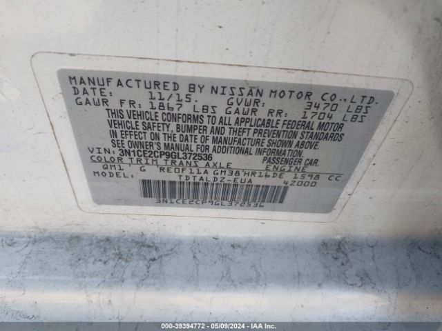 3N1CE2CP9GL372536 Nissan Versa Note S (sr)/s Plus/sl/sr/sv