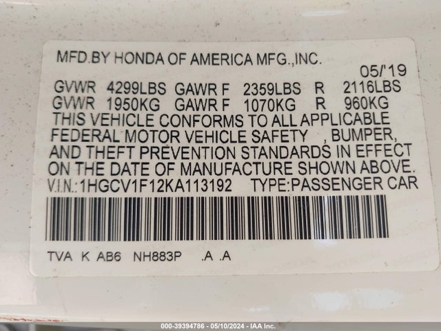 Honda ACCORD LX 2019 1HGCV1F12KA113192 Image 9