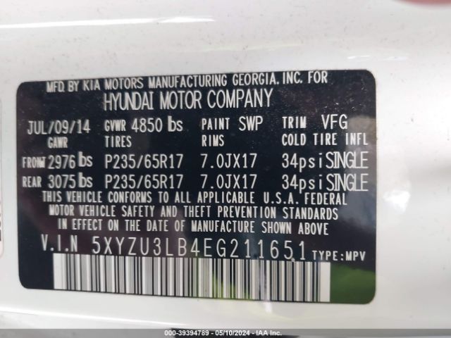 5XYZU3LB4EG211651 Hyundai Santa Fe Sport 2.4l
