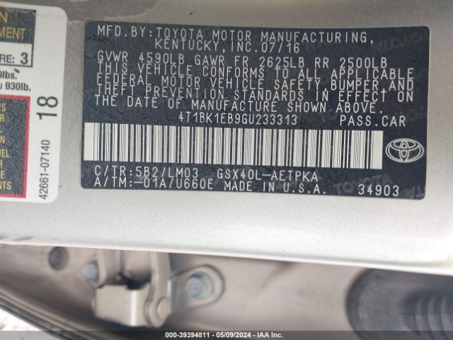 4T1BK1EB9GU233313 Toyota AVALON LIMITED