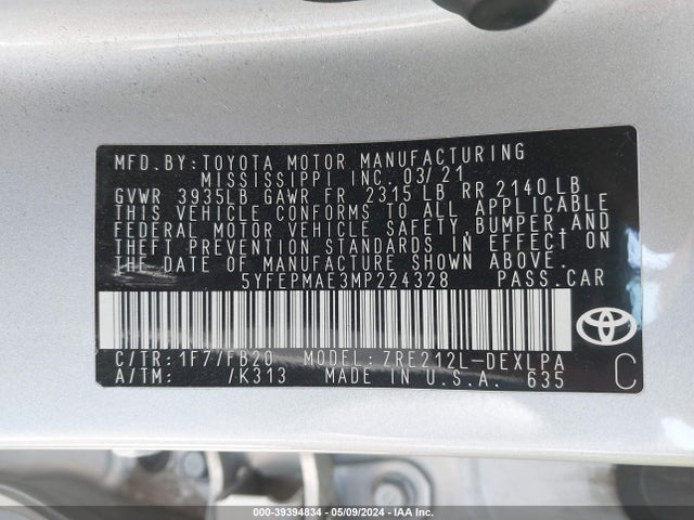 Toyota COROLLA LE 2021 5YFEPMAE3MP224328 Image 9