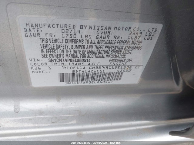 Nissan Versa 1.6 S+ 2014 3N1CN7AP0EL860514 Image 9
