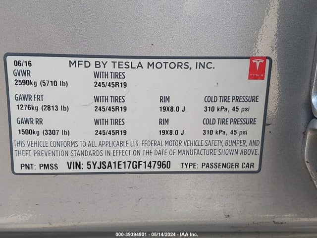 Tesla Model S 60/70/75/85 2016 5YJSA1E17GF147960 Image 9