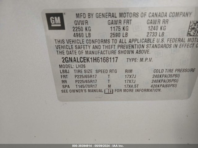 Chevrolet EQUINOX LT 2017 2GNALCEK1H6168117 Image 9