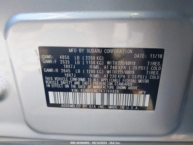 Subaru Outback 3.6r Limited 2019 4S4BSENC7K3269936 Image 9