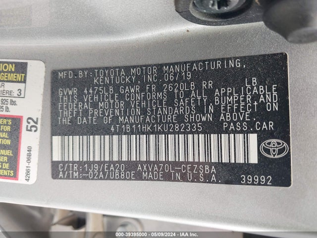 Toyota CAMRY SE 2019 4T1B11HK1KU282335 Image 9