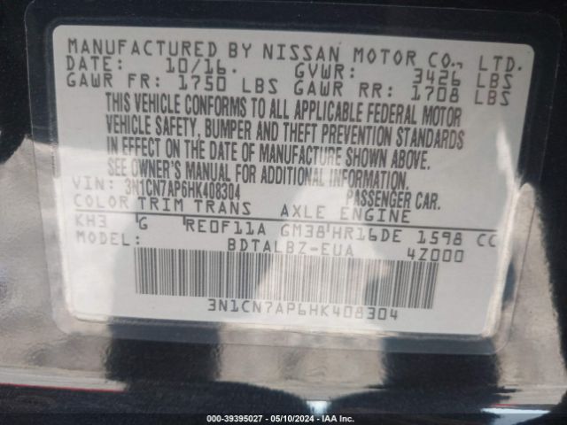 3N1CN7AP6HK408304 Nissan Versa 1.6 S/1.6 S+/1.6 Sl/1.6 Sv