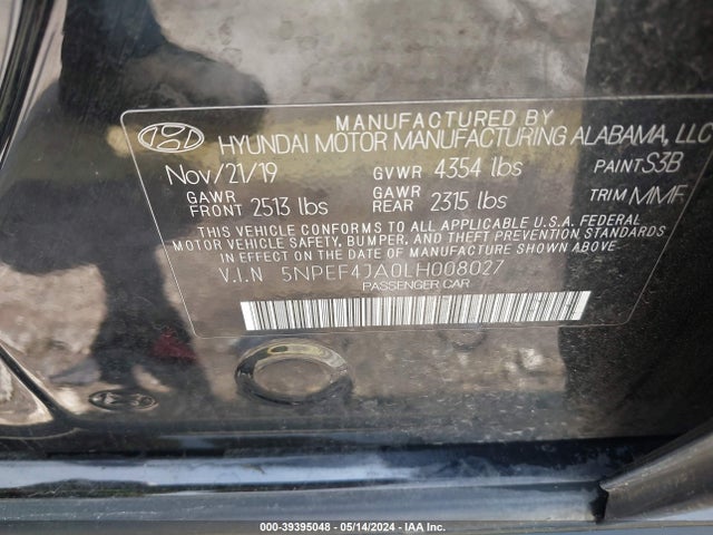Auction sale of the 2020 Hyundai Sonata Sel, vin: 5NPEF4JA0LH008027, lot number: 39395048