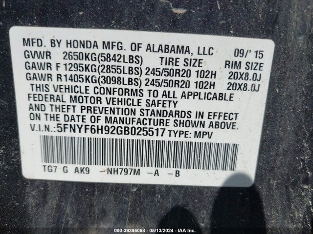 Honda Pilot Touring 2016 5FNYF6H92GB025517 Image 9