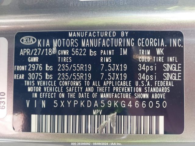 5XYPKDA59KG466050 KIA Sorento 3.3l Sxl