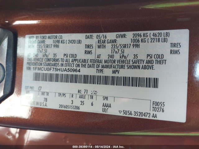 Ford ESCAPE S 2017 1FMCU0F75HUA50964 Image 9