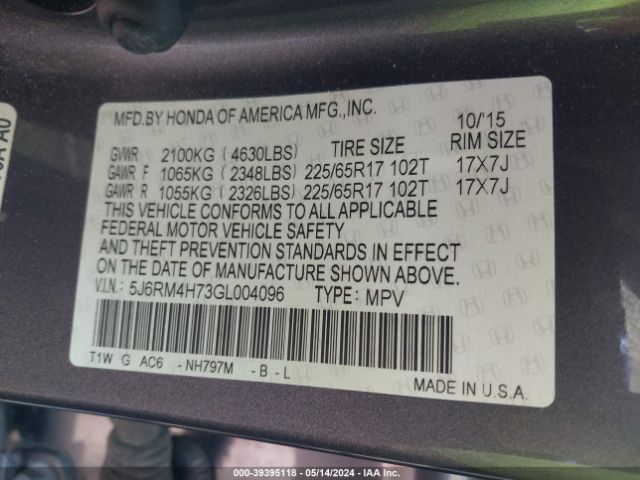 5J6RM4H73GL004096 Honda Cr-v Ex-l
