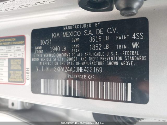 3KPA24AD3NE433169 KIA RIO S