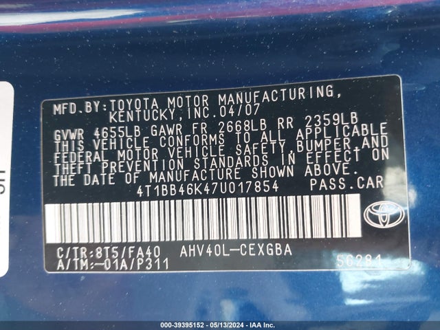 Auction sale of the 2007 Toyota Camry Hybrid, vin: 4T1BB46K47U017854, lot number: 39395152
