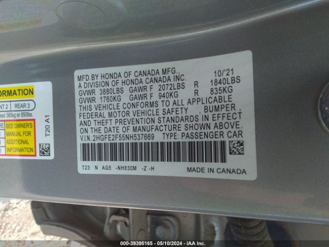 2HGFE2F55NH537669 Honda Civic Sport