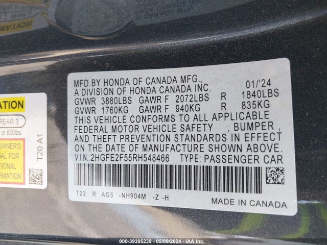 Honda Civic Sport 2024 2HGFE2F55RH548466 Image 9