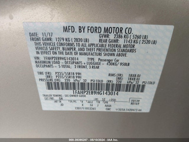 Ford TAURUS SEL 2017 1FAHP2E89HG143014 Image 9