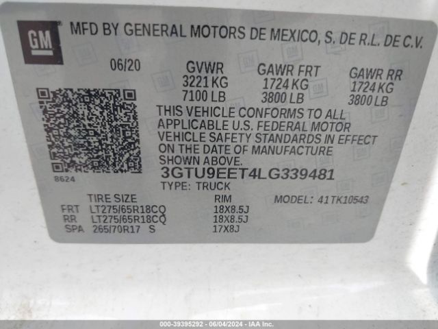 3GTU9EET4LG339481 GMC Sierra 1500 4wd  Short Box At4