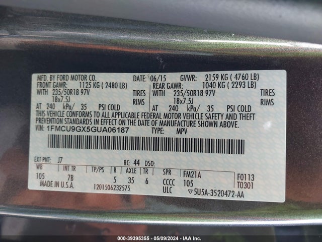Ford ESCAPE SE 2016 1FMCU9GX5GUA06187 Image 9