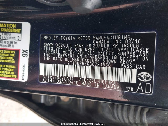 Toyota COROLLA L 2016 2T1BURHE6GC731856 Image 9