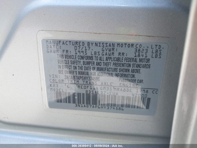 Nissan SENTRA SV 2017 3N1AB7AP6HY374586 Image 9