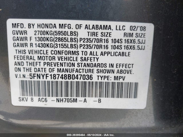 Продаж на аукціоні авто 2008 Honda Pilot Ex-l, vin: 5FNYF18748B047036, номер лоту: 39395464