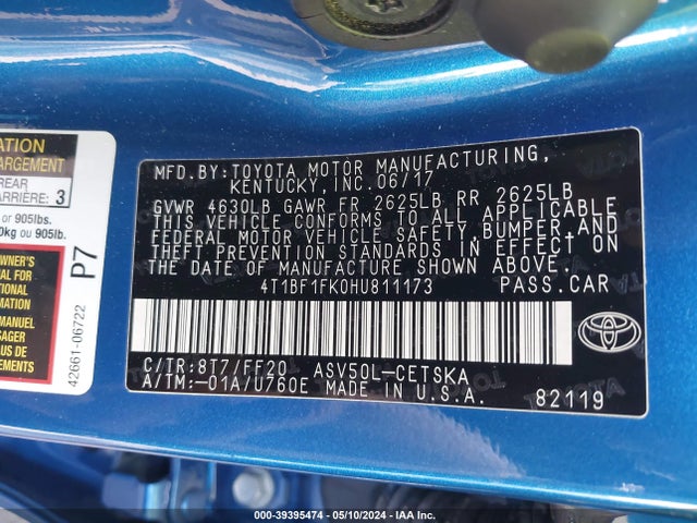 Toyota CAMRY SE 2017 4T1BF1FK0HU811173 Image 9