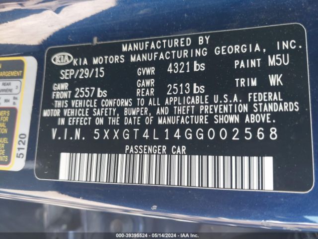 5XXGT4L14GG002568 KIA Optima Lx Turbo