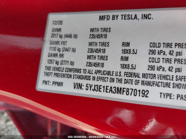 5YJ3E1EA3MF870192 Tesla Model 3 Standard Range Plus Rear-wheel Drive