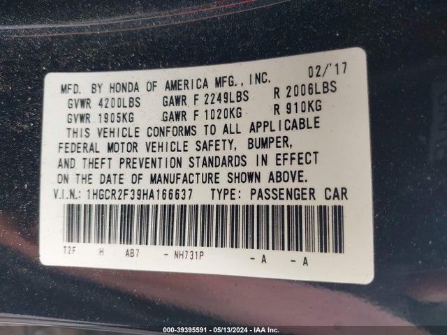 Honda ACCORD LX 2017 1HGCR2F39HA166637 Image 9