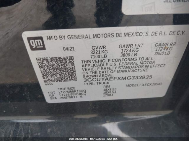 3GCUYAEFXMG333935 Chevrolet Silverado 1500 4wd  Short Bed Wt