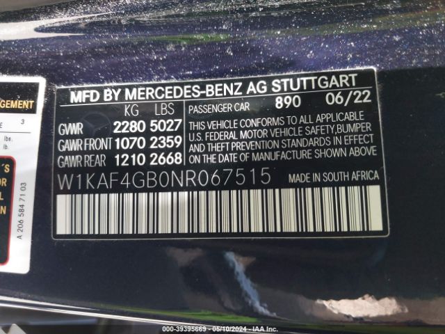 W1KAF4GB0NR067515 Mercedes-Benz C 300 Sedan