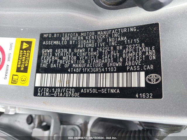 Toyota CAMRY LE 2016 4T4BF1FK3GR541103 Image 9