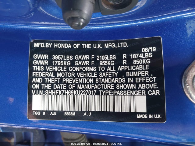Honda CIVIC EX 2019 SHHFK7H69KU227017 Image 9