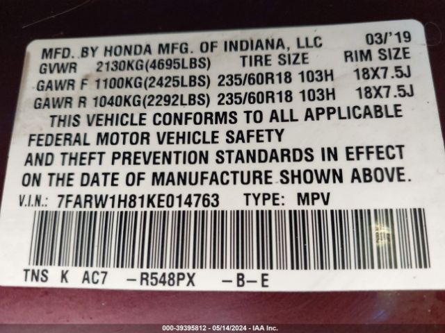 7FARW1H81KE014763 Honda Cr-v Ex-l