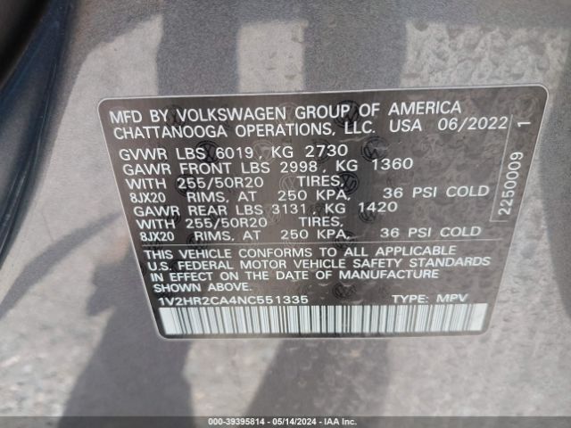 1V2HR2CA4NC551335 Volkswagen Atlas 3.6l V6 Se W/technology