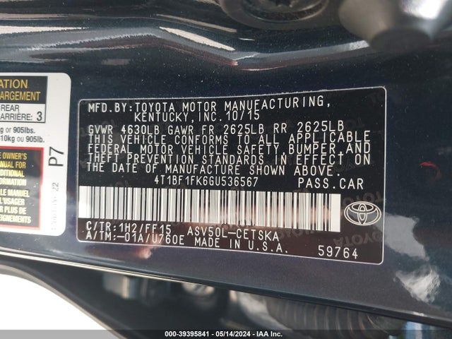 Toyota CAMRY SE 2016 4T1BF1FK6GU536567 Image 9
