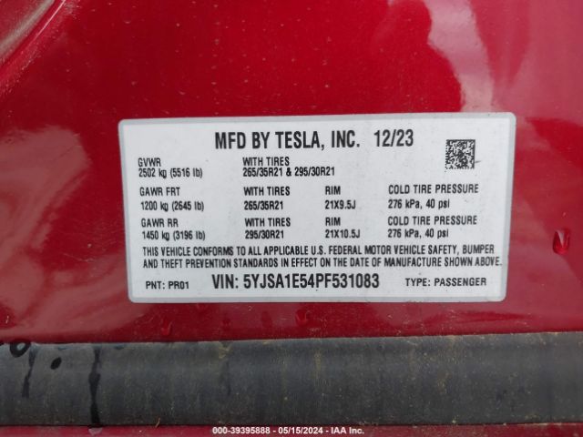 5YJSA1E54PF531083 Tesla Model S Dual Motor All-wheel Drive/standard Range
