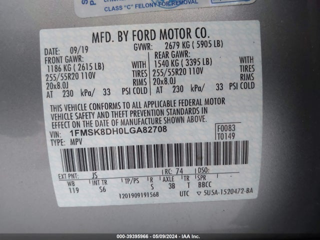 Ford EXPLORER XLT 2020 1FMSK8DH0LGA82708 Image 9