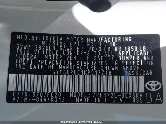 Toyota COROLLA SE 2019 5YFBURHE1KP917748 Image 9