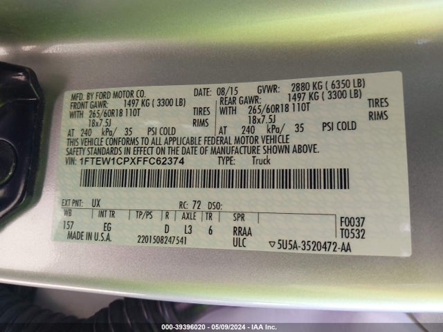 Ford F-150 Lariat 2015 1FTEW1CPXFFC62374 Image 9