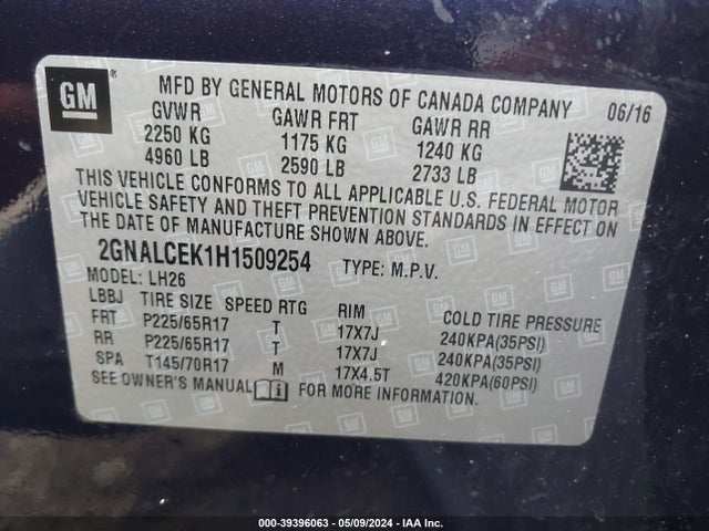 Chevrolet EQUINOX LT 2017 2GNALCEK1H1509254 Image 9