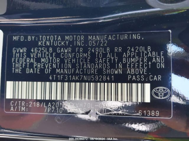 4T1F31AK7NU592841 Toyota Camry Xle Hybrid