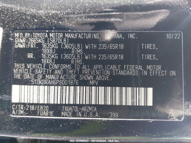 Toyota Highlander Xle 2023 5TDKDRAH6PS001876 Image 9