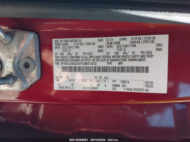 Aukcja sprzedaży 2015 Ford Escape Se, vin: 1FMCU9GXXFUB01472, numer aukcji: 39396091