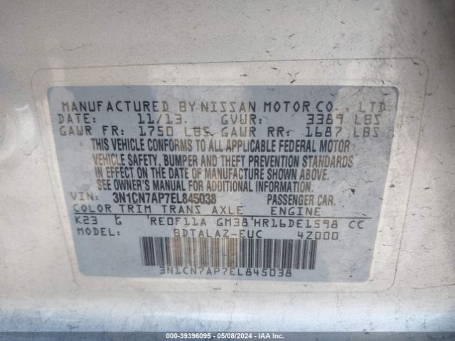 3N1CN7AP7EL845038 Nissan Versa 1.6 S+