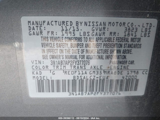 Nissan SENTRA S 2015 3N1AB7AP2FY377076 Image 9