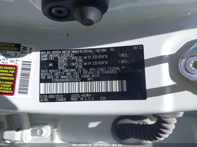 Toyota Highlander Xle 2022 5TDHZRAHXNS554832 Image 9